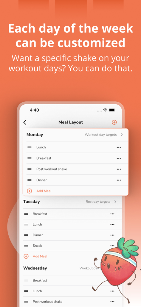 Eat This Much - Meal Planner - Tela de personalização do layout de refeição semanal mostrando planejamento diário de refeições para dias de treino e descanso
