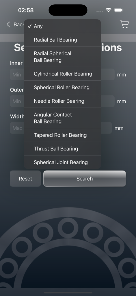 Bearing - Mobile app screen showing a dropdown menu with various bearing types including radial ball and cylindrical roller bearings for filtering search results.