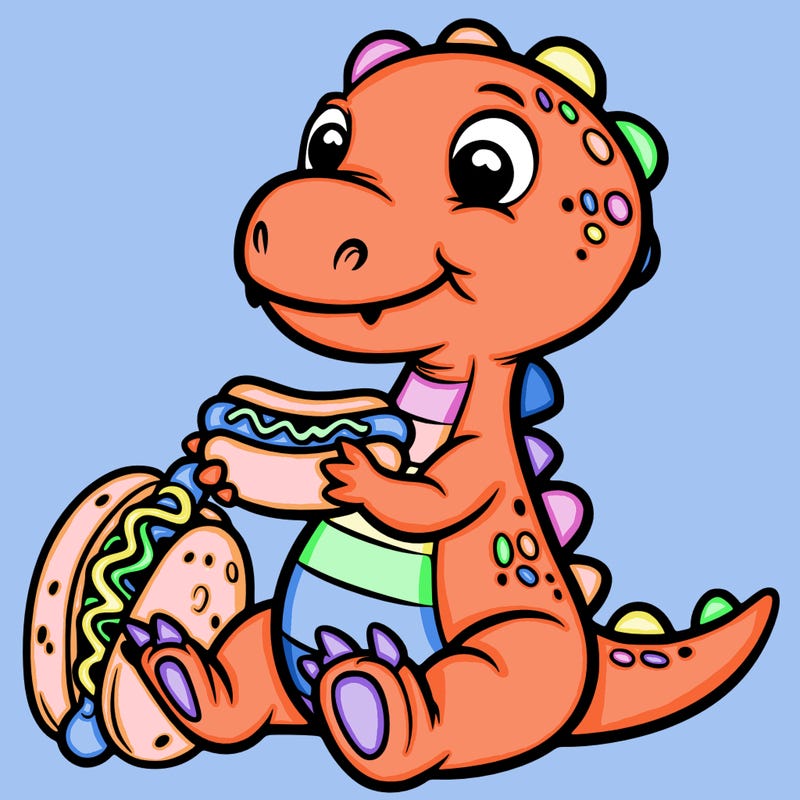 dinosaur eating a hotdog
