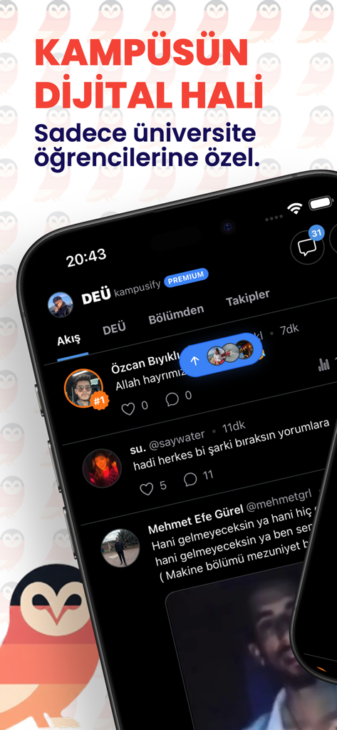 Interfaz de la aplicación Kampusify que muestra un feed social para estudiantes universitarios