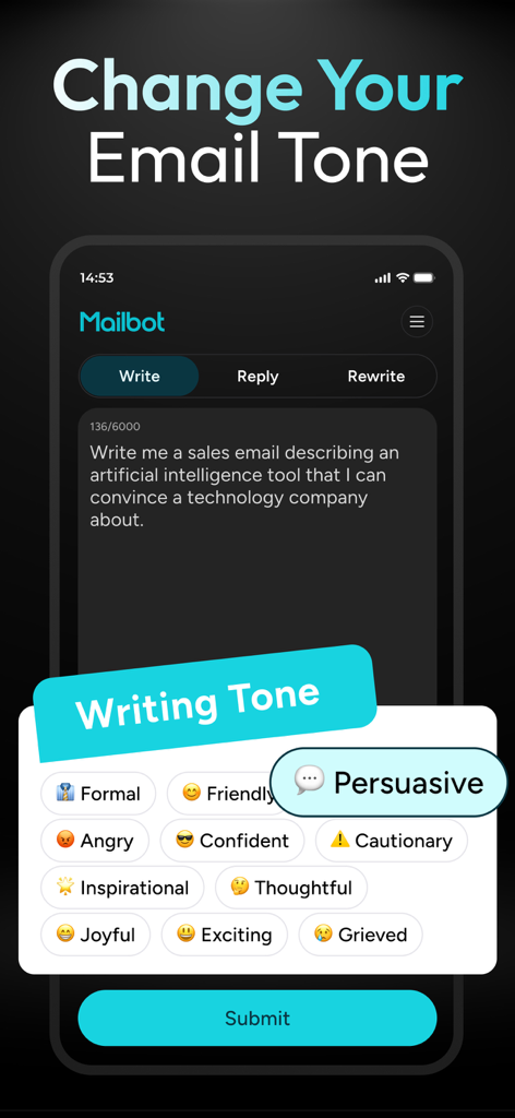 Mailbot - AI Email Writer - Mailbot app interface showing options to select different writing tones like persuasive and formal for AI generated emails