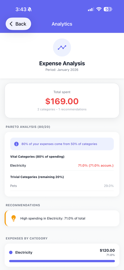 Analyse-Dashboard der Money Track AI App mit Ausgabenanalyse und Ausgabenempfehlungen.