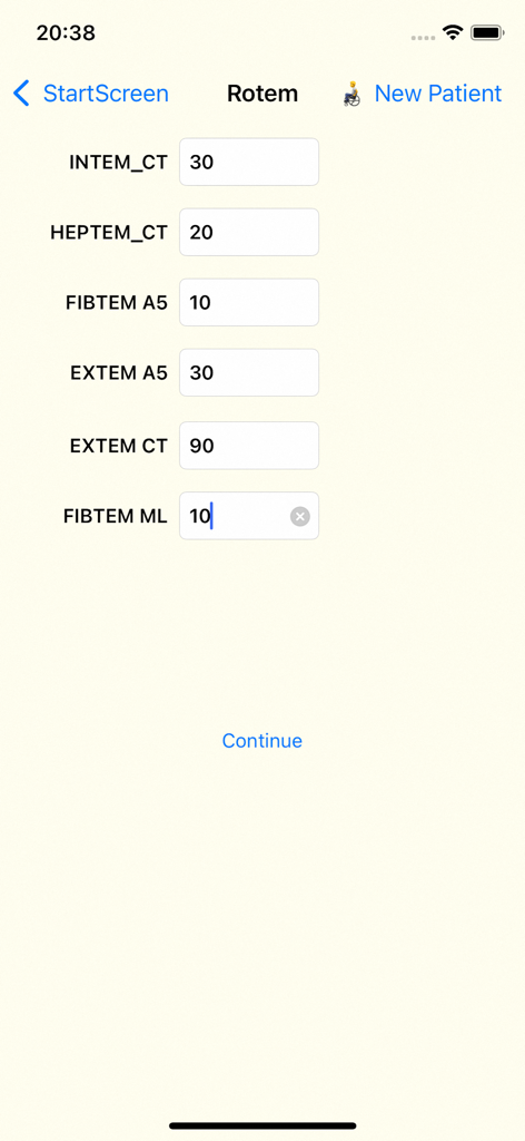 Schermata dell'app mobile che mostra campi di input per dati medici Rotem come CT INTEM e A5 FIBTEM.