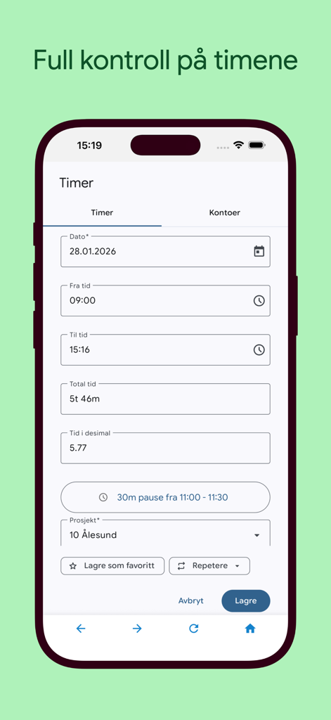 Visma Tid Go - Visma Tid Go app interface for logging work hours and project time.