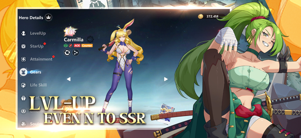 Era of Sepia game screenshot showing character level up menu and UR rank Carmilla