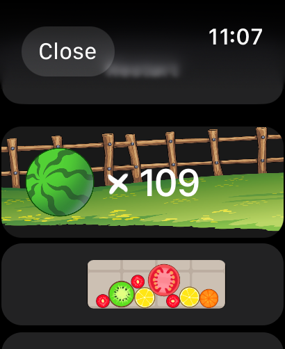 Merge Watermelon for watch - Score screen of Merge Watermelon for watch showing a watermelon count and various fruit slices