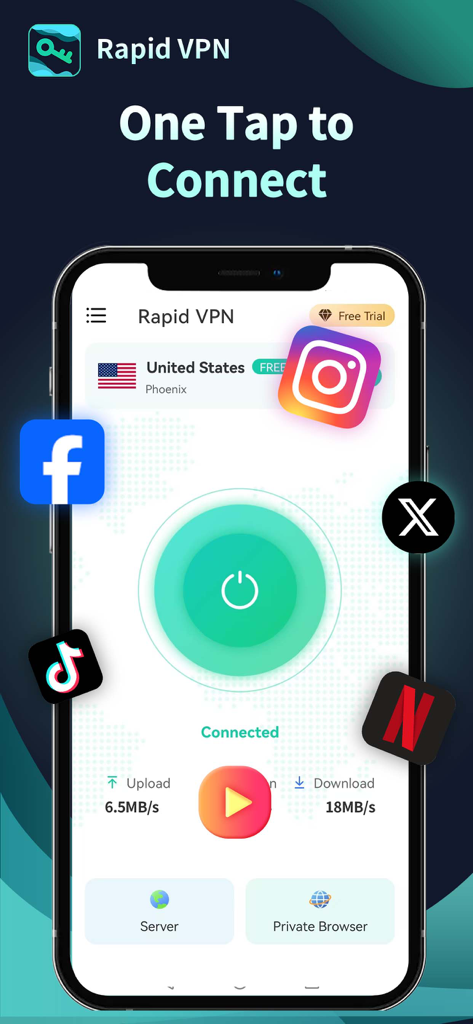 Rapid VPN mobile interface showing one tap connection status with high speed metrics for social media and streaming apps