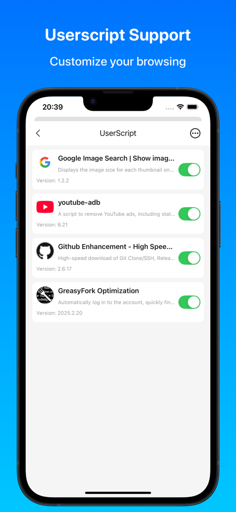 Focus - Userscripts & Player - User interface of the Focus browser showing a list of enabled userscripts for Google YouTube and GitHub