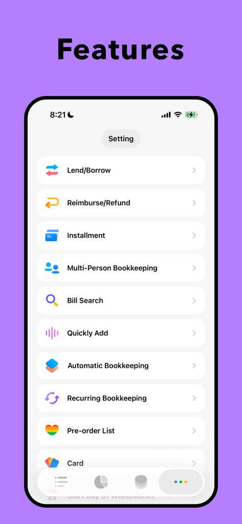 Daak - Budget & Money Tracker - A purple screen showing the features list of the Daak budget tracker app including lend borrow and multi person bookkeeping