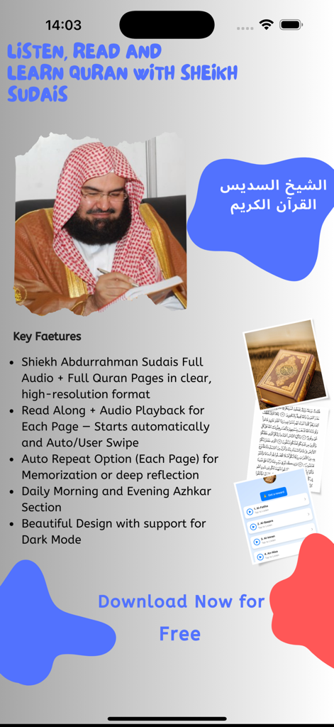 Sheikh Quran Full Recitation - Tela promocional do aplicativo Sheikh Quran Full Recitation apresentando Sheikh Sudais e recursos chave como áudio offline e modo de memorização.