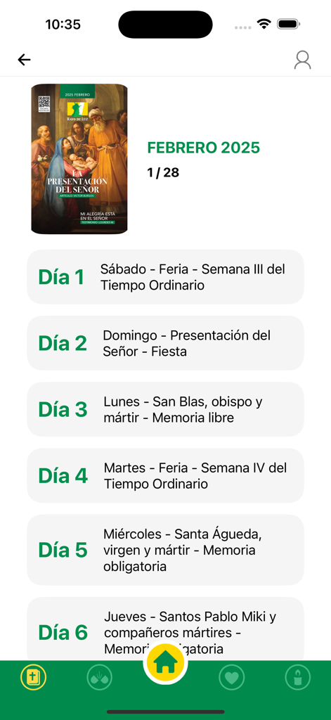 Revista Rayo de Luz app mostrando una lista de lecturas y reflexiones litúrgicas católicas diarias para febrero