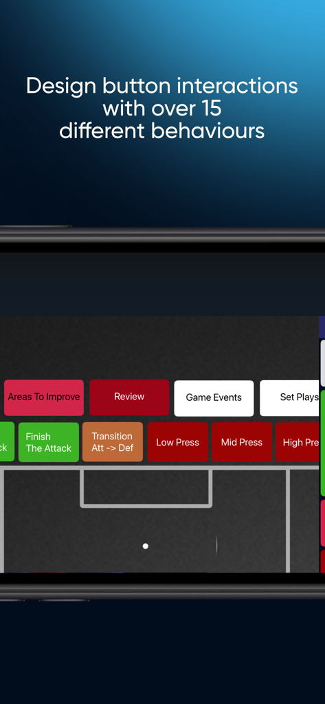 Timelines 앱 인터페이스는 스포츠 성능 데이터 수집을 위한 사용자 정의 버튼 상호 작용 및 동작을 보여줍니다.