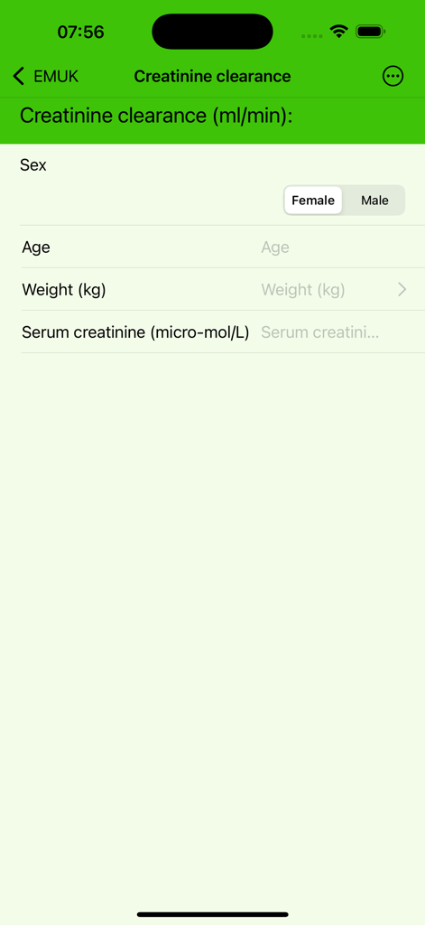 Interfaz de la aplicación médica EMUk que muestra la calculadora de depuración de creatinina con campos de entrada para el sexo, edad, peso y creatinina sérica del paciente