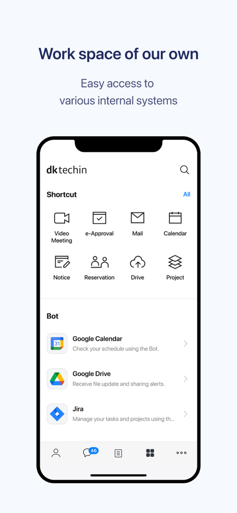 Kakao Work app interface showing business tool shortcuts and third party bot integrations like Google Drive and Jira