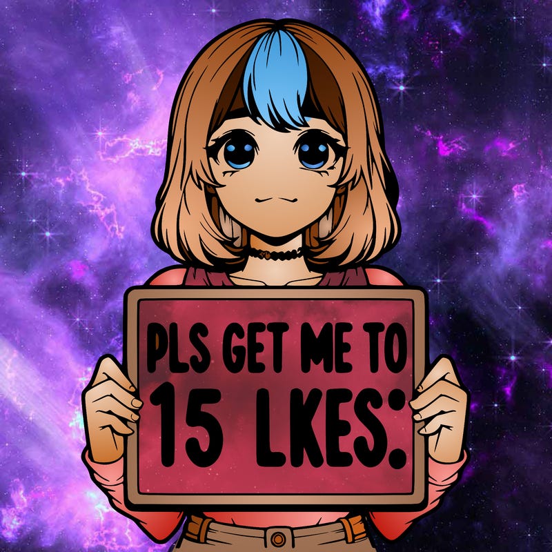 realistic girl holding up a sign that says “pls get me to 15 likes!”