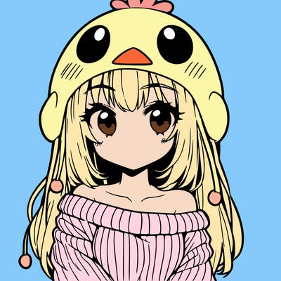anime girl with chick shaped hat with sweater with bare shoulders with bangs covering them one eye with low tail