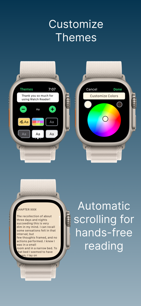 Reader for Watch - Reader for Watch app showcasing theme customization and auto scroll features on Apple Watch