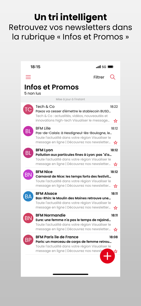 SFR Mail - Interface de l'application SFR Mail montrant le tri intelligent des newsletters dans la section Infos et Promos