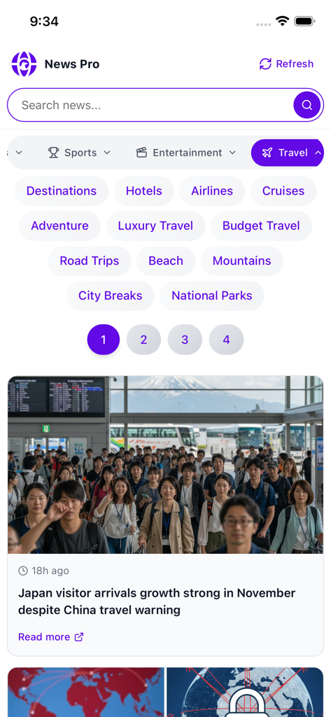 Ai News Pro - Ai News Pro app interface showing travel news category with subcategories and a headline about Japan tourism