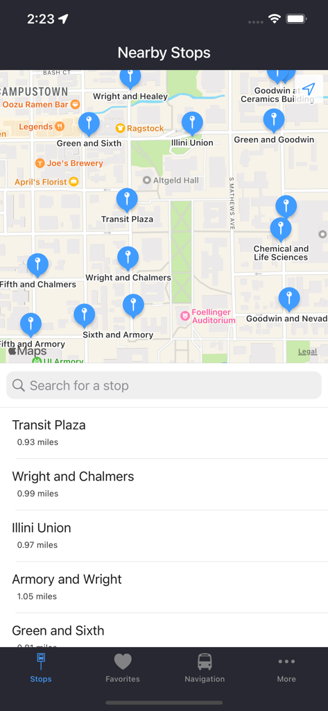 Map view and list of nearby bus stops on the UIUC campus within the My Bus Helper MTD app