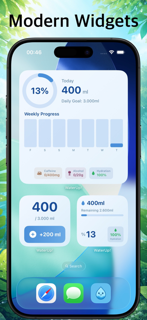 WaterUp app hydration tracking widgets on an iPhone home screen showing daily water intake and weekly progress