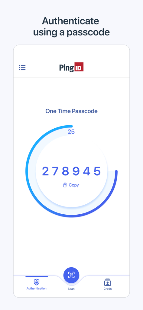 PingID mobile app screen showing a six digit one time passcode with a countdown timer