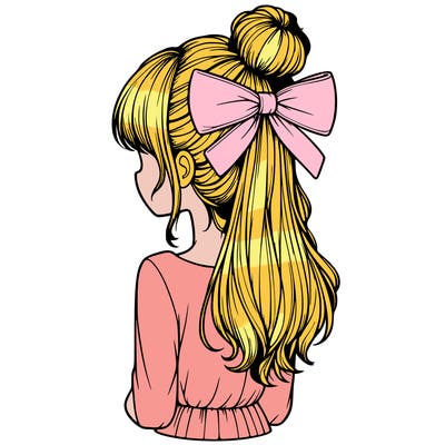 realistic girl  with hip length hair a bun and a big bow on the back of head