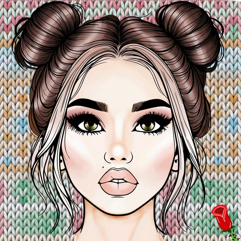 realistic girl with two buns on her hair and lips