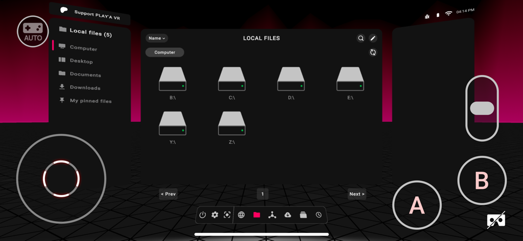PLAYA VR app local files management interface showing computer drives and virtual controls