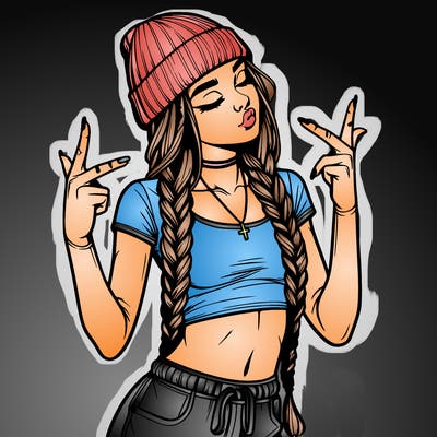 realistic teenage girl with braids and a beanie and crop top doing 🫶🏼