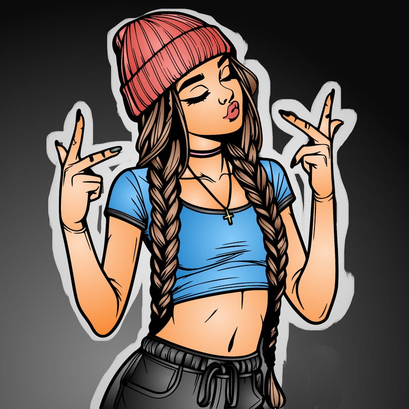 realistic teenage girl with braids and a beanie and crop top doing 🫶🏼