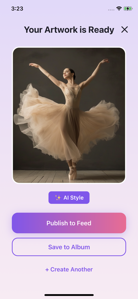 Myna - AI Art & Community - Interfaz de la aplicación Myna que muestra una obra de arte completada de una bailarina generada por IA, con opciones para publicar en el feed de la comunidad o guardar en el álbum.