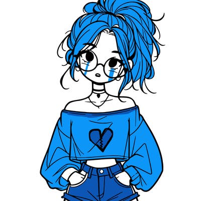 girl with a messy ponytail glasses a baggy crop top and jean shorts