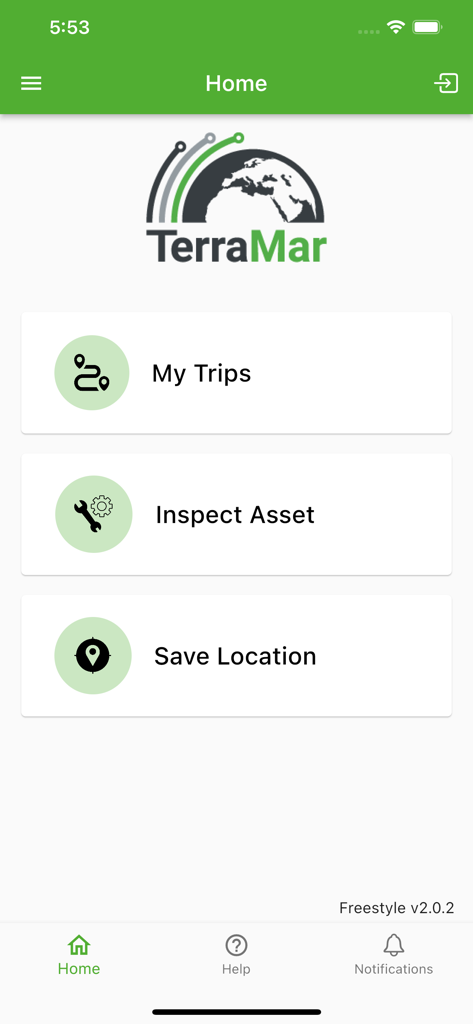 Freestyle II - Freestyle II App-Startbildschirm mit Schaltflächen für Meine Fahrten, Fahrzeug inspizieren und Standort speichern für Flottenfahrer.