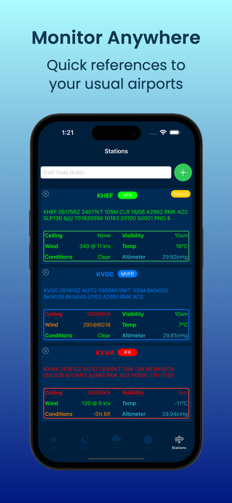 Minimums: Pilot Weather+Widget - Interface de aplicativo de clima aeronáutico exibindo dados METAR e condições decodificadas para várias estações de aeroporto.