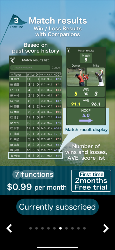 Best Score - Golf Score Manage - Screenshot of the Best Score app showing a detailed match results list and win-loss comparison with golf companions.