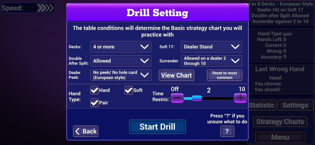 Blackjack strategy drill settings menu with options for deck count dealer rules and hand types