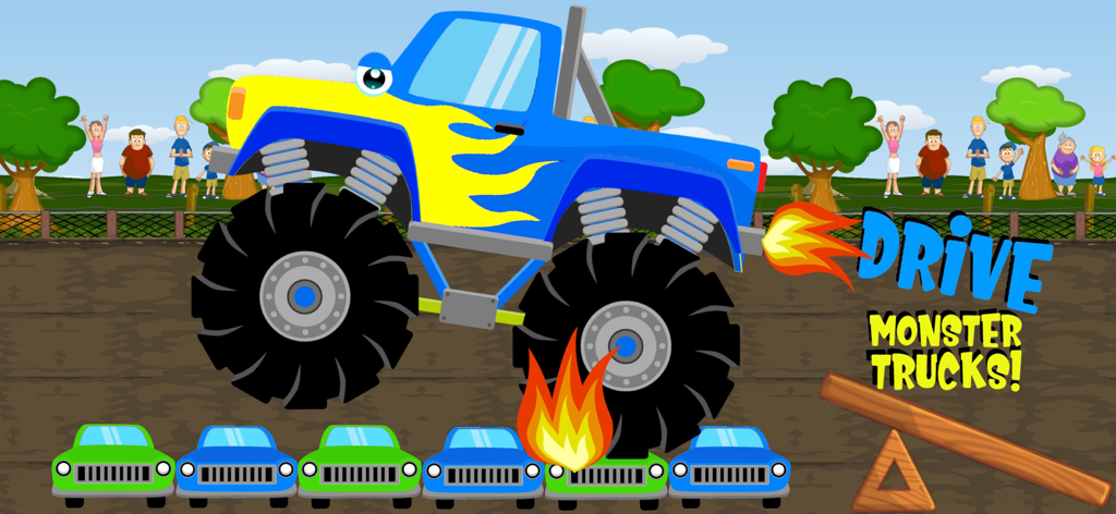 Monster Truck Games! Go Racing - A cartoon blue monster truck jumping over cars in a racing game for toddlers