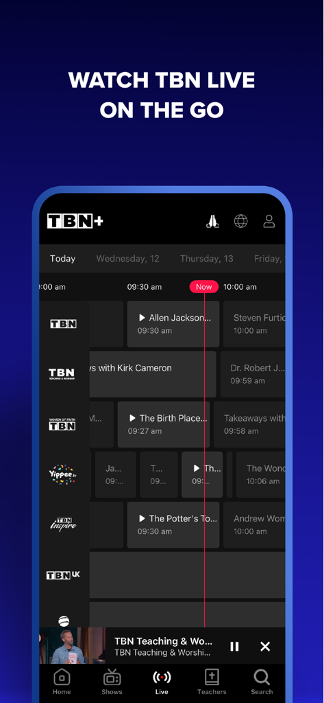 TBN plus mobile app interface showing the live Christian broadcast schedule and program guide.