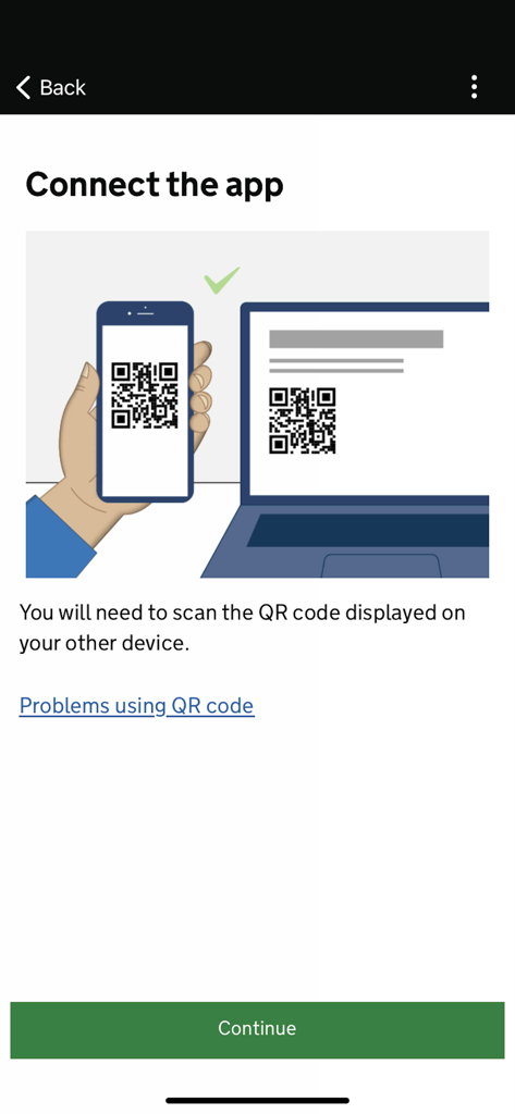 Pantalla de la aplicación Verificación de Identidad de Inmigración del Reino Unido mostrando cómo escanear un código QR desde otro dispositivo para conectar la aplicación