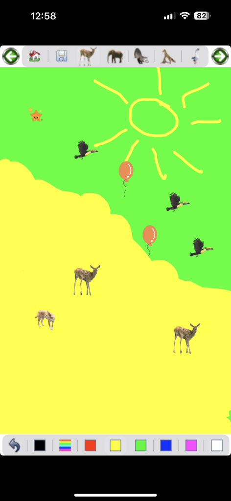 Paint - A simple digital drawing with a yellow sun, animal stamps, and balloons created in the Paint app interface.