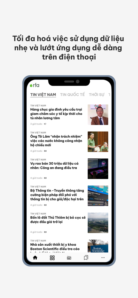 Ứng dụng RFA Vietnamese hiển thị luồng tin tức trong nước và quốc tế.