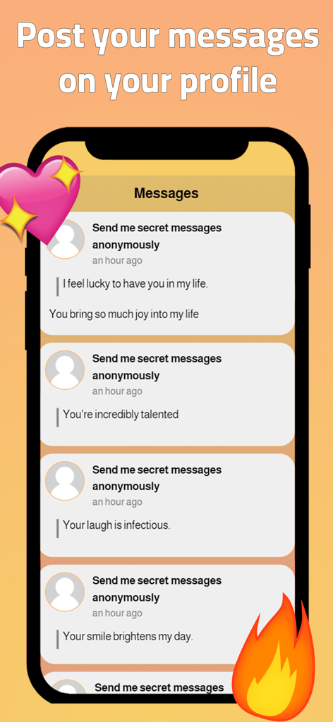 A smartphone screen displaying several anonymous secret messages and positive compliments on the TwetLink app profile.