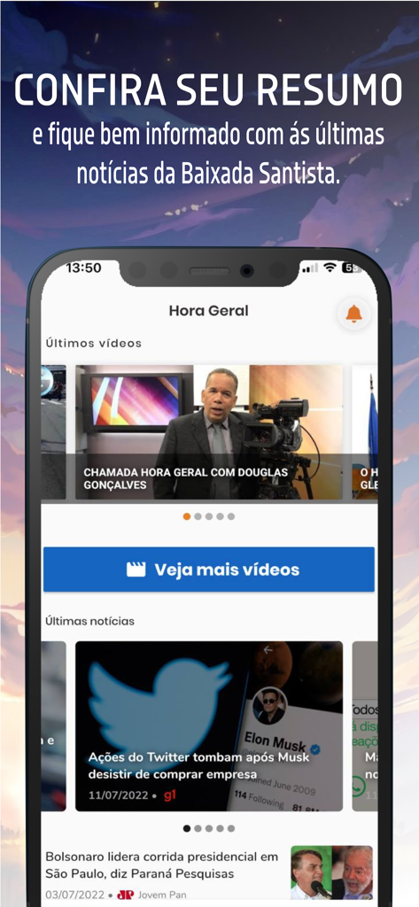 Hora Geral - Hora Geral mobile news app interface featuring quick summaries and video news updates