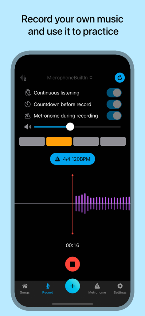 Music Looper app recording interface with metronome and BPM settings for instrument practice