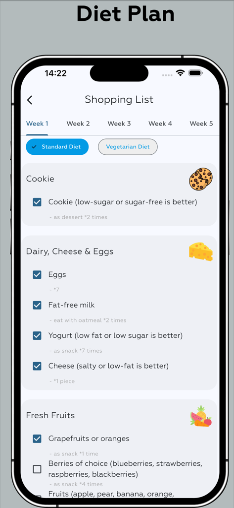 Liste de courses pour un plan diététique hebdomadaire dans l'application Home Workout, proposant des œufs, des produits laitiers et des fruits frais