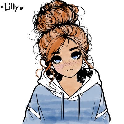 realistic girl with a massy bun and a hoodie