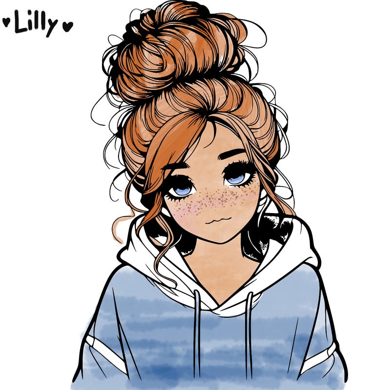 realistic girl with a massy bun and a hoodie
