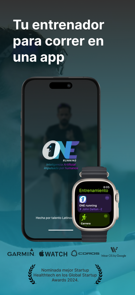 ONE running - Aplicación ONE running mostrada en un smartphone y un smartwatch con coaching IA y compatibilidad con dispositivos wearables.