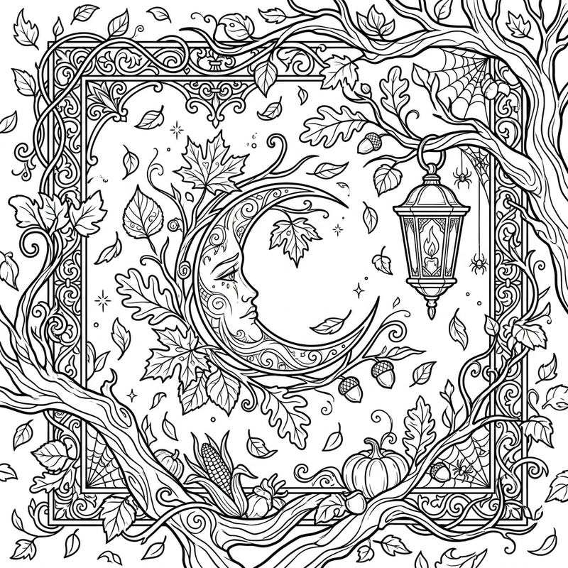 Uncover the captivating blend of autumnal charm and gothic mystery with this intricate coloring page. Featuring a serene new moon nestled among falling leaves and harvest elements, it's perfect for a creative escape.